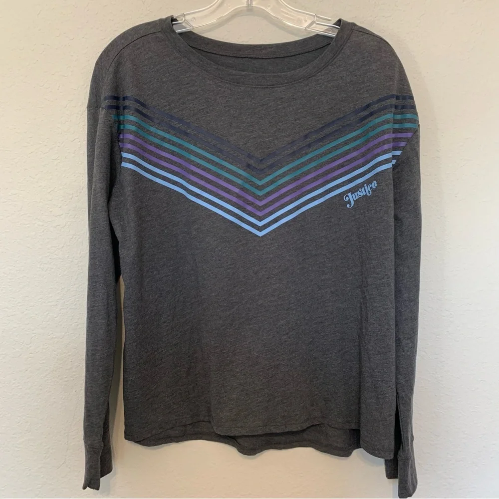 Justice Unisex Gray Logo Print Long Sleeve Top Size 16/18 Plus Cottonblend Basic